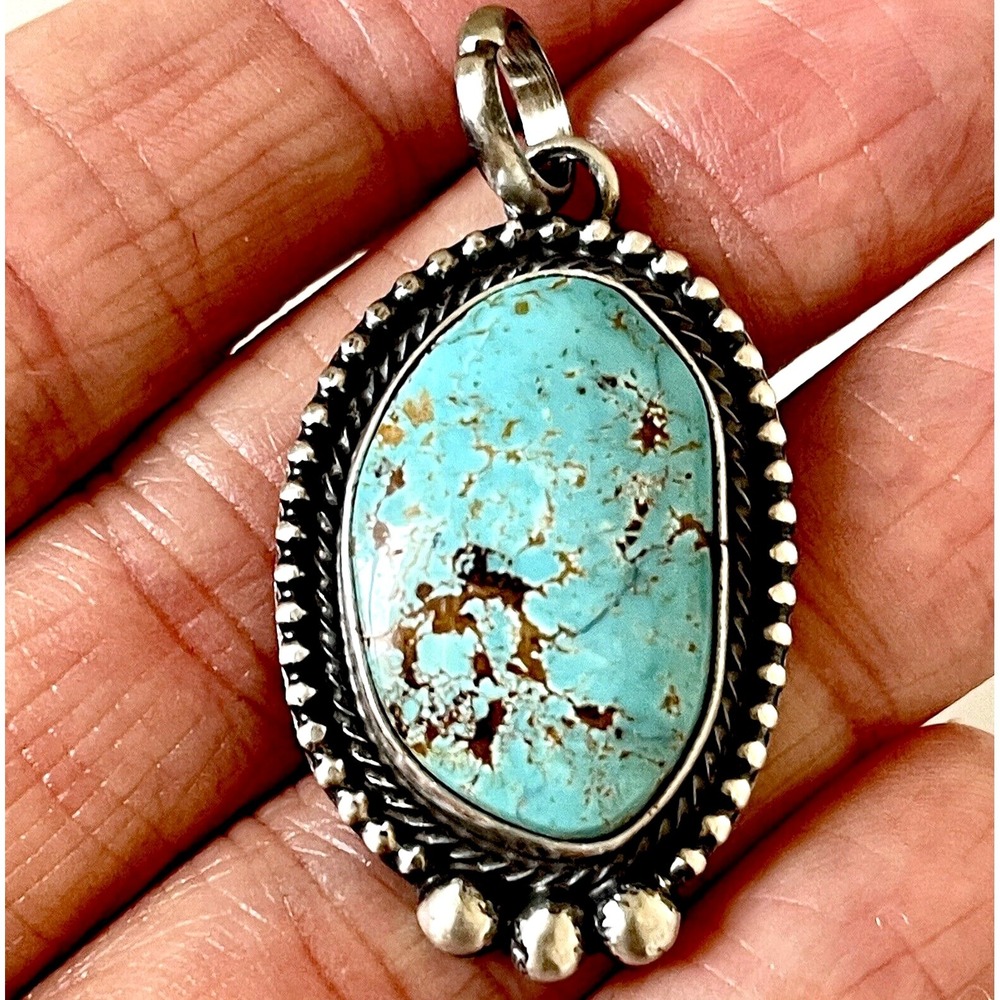 Navajo Natural Turquoise Pendant 1.75 in Signed A Oval Sterling Matte Patina‎